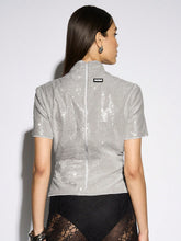 High Neck Ruched Detail Sequin T-Shirt